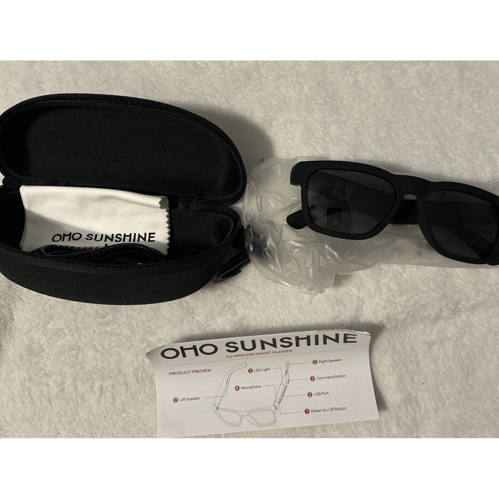 Oho Sunshine Smart Glasses 5.2 Wireless Elite Model Case Cloth All Black NEW